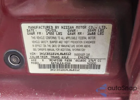 2004 Nissan Sentra 1.8S from USA, damaged, VIN 3N1CB51D14L868512